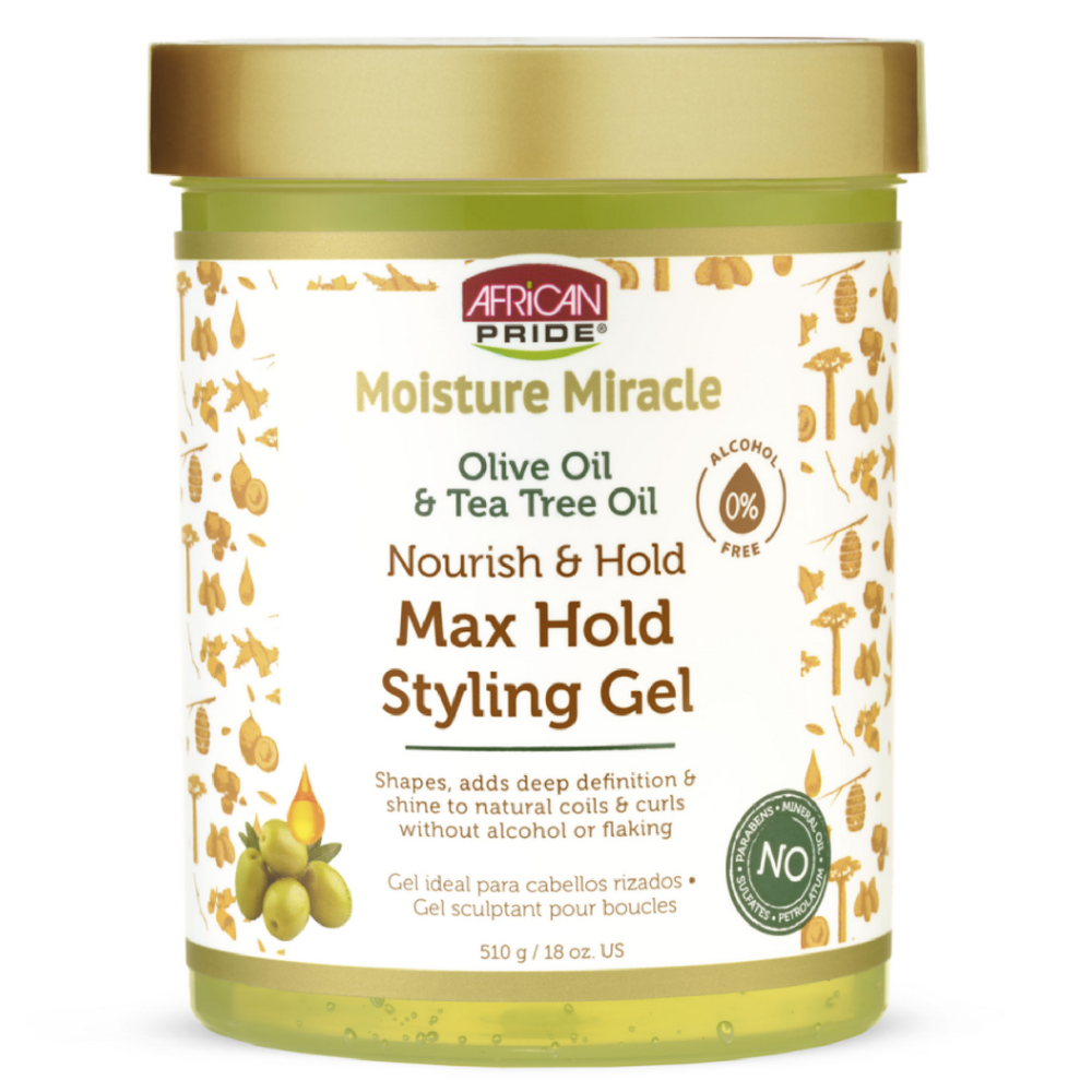 African Pride Moisture Miracle Olive Oil &amp; Tea Tree Oil Max Hold Styling Gel 510g